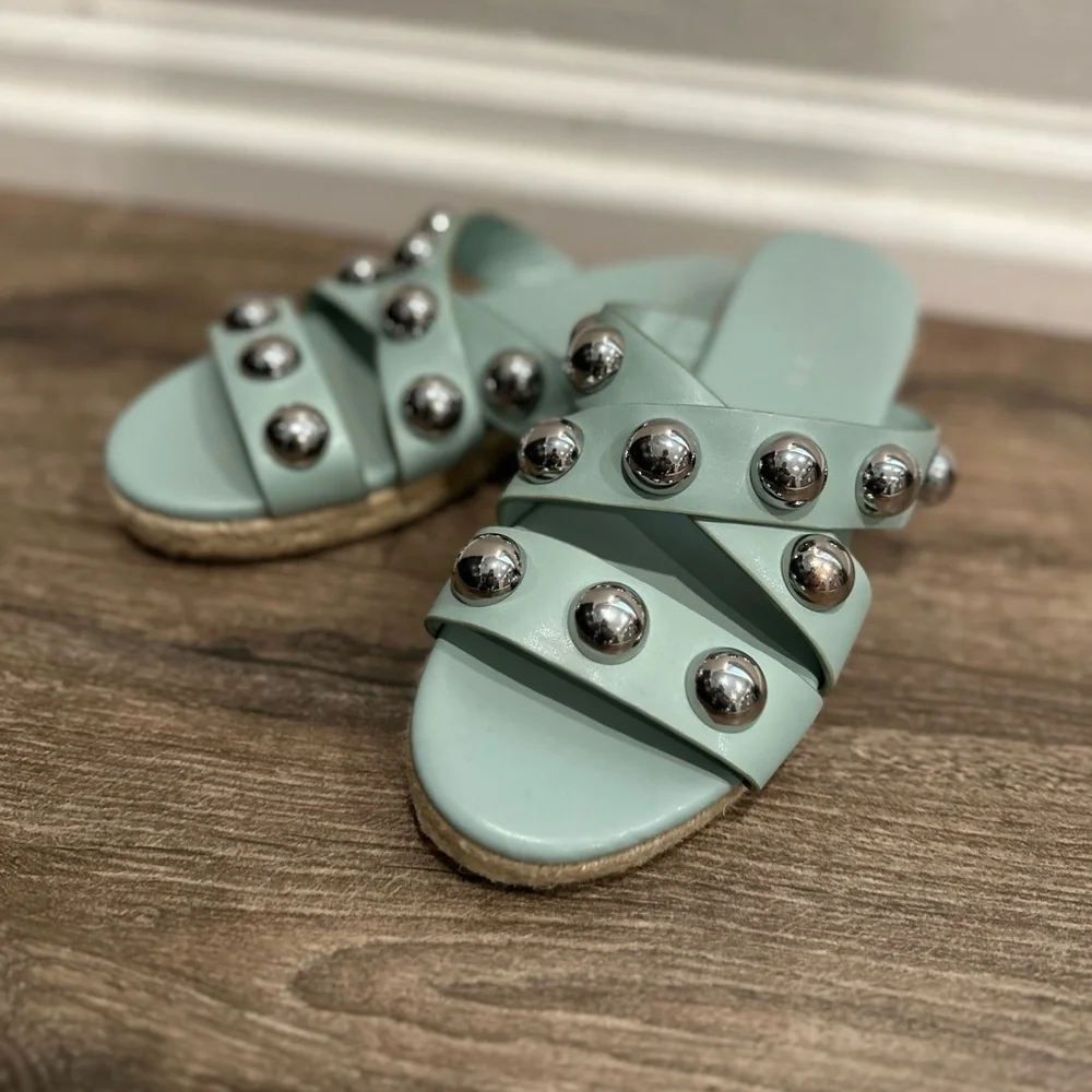 Marc Fisher Prisca Ball Studded Sandals‎ Green Faux Leather